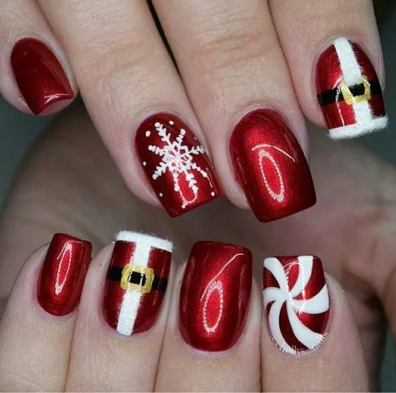 white and red christmas nails